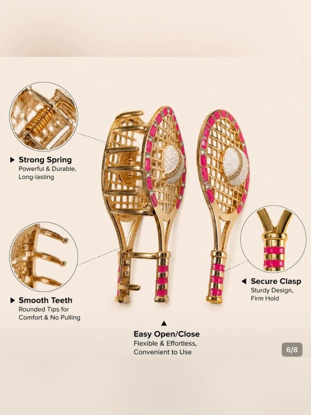 Pickleball Hair Claw Clip Barrette gold metal tennis racket jewerly ball gift